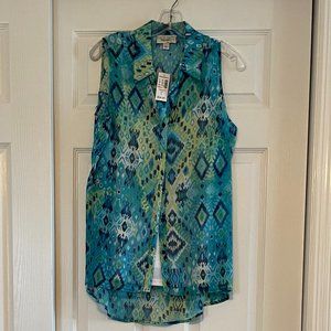 Multi Color Tropical Geometric Button-down Sleeveless Top, L